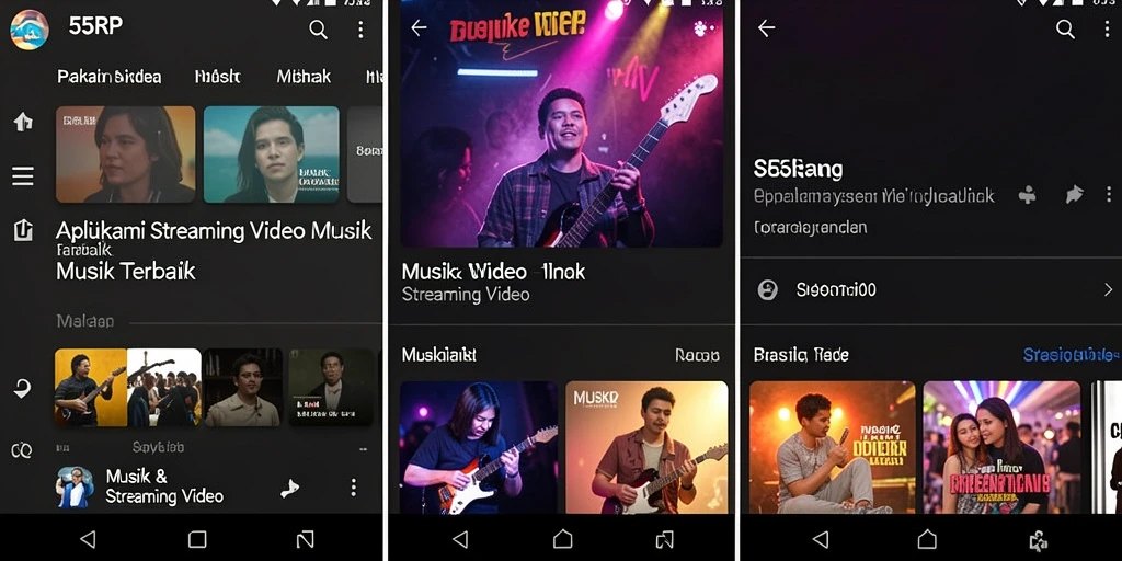 Antarmuka aplikasi 55RP menampilkan berbagai pilihan musik dan video.