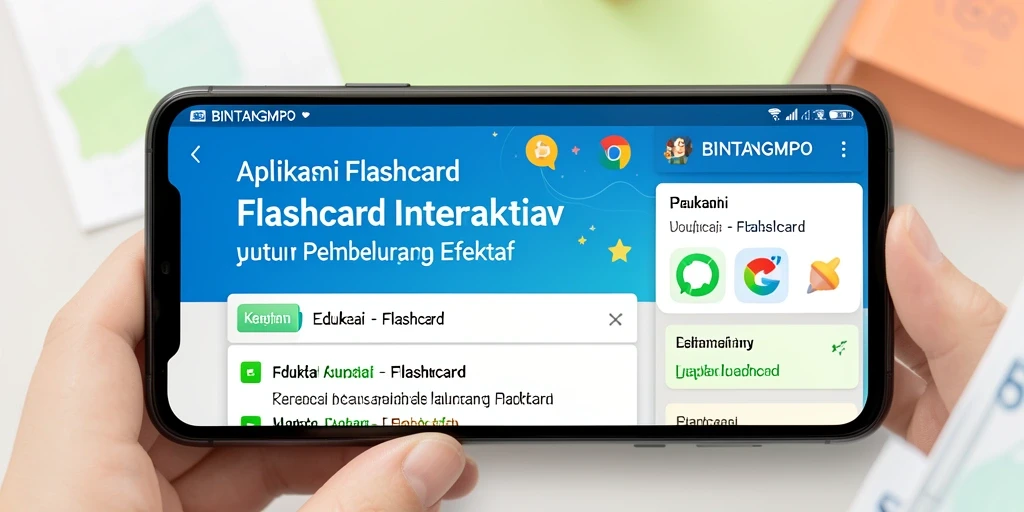 Tampilan antarmuka BINTANGMPO dengan ragam Flashcard interaktif.